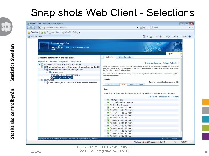 Snap shots Web Client - Selections 3/17/2018 Results from Essnet for SDMX II WP