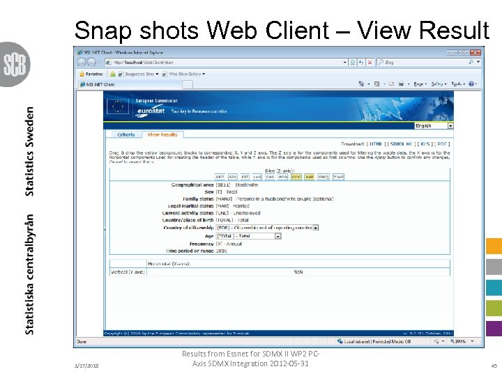 Snap shots Web Client – View Result 3/17/2018 Results from Essnet for SDMX II
