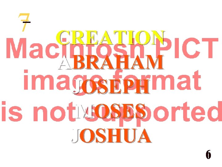 7 CREATION ABRAHAM JOSEPH MOSES JOSHUA © 2003 The Bible…Basically Ministries Intl. Inc. 6