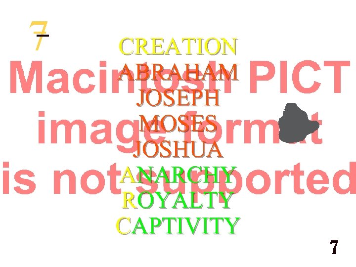 7 CREATION ABRAHAM JOSEPH MOSES JOSHUA ANARCHY ROYALTY CAPTIVITY © 2003 The Bible…Basically Ministries