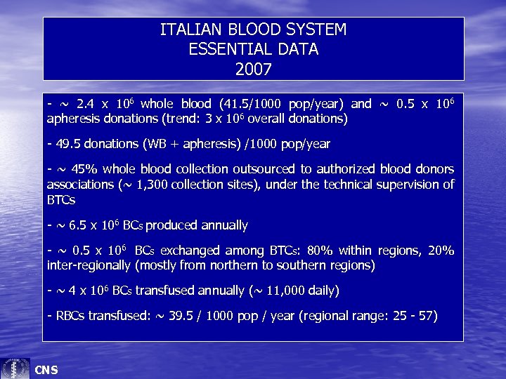 ITALIAN BLOOD SYSTEM ESSENTIAL DATA 2007 - ~ 2. 4 x 106 whole blood