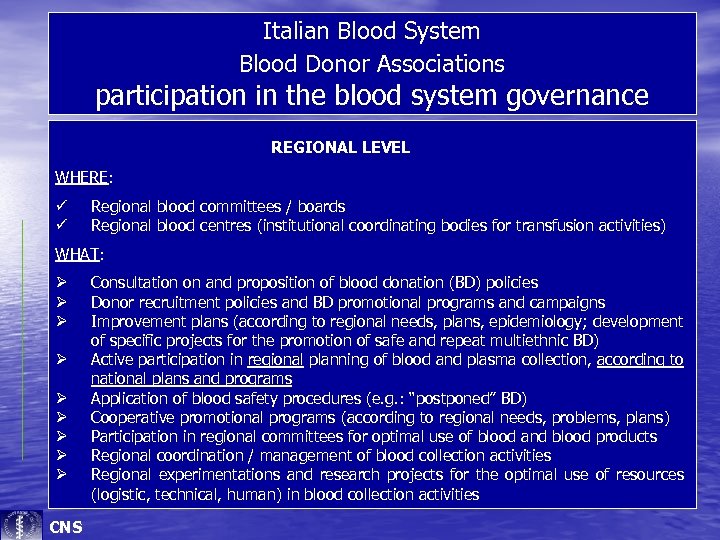 Italian Blood System Blood Donor Associations participation in the blood system governance REGIONAL LEVEL
