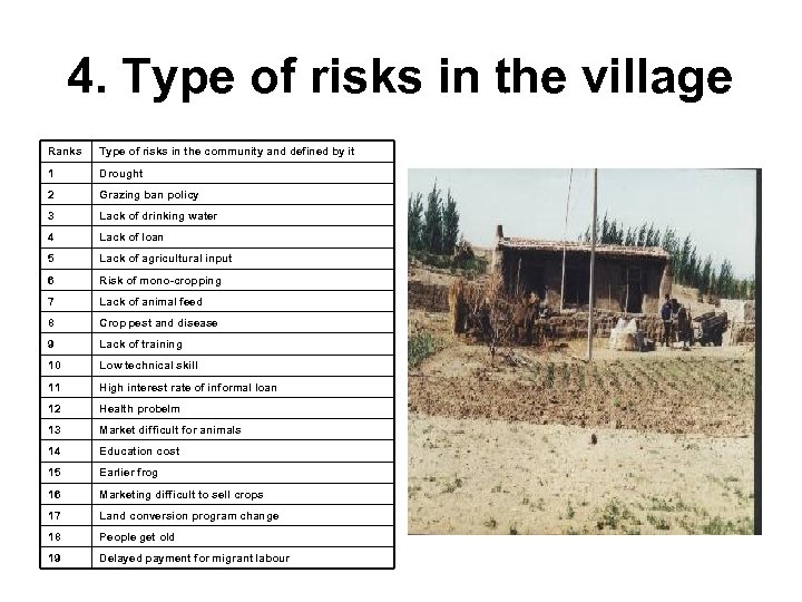 4. Type of risks in the village Ranks Type of risks in the community