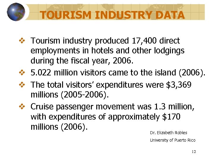 TOURISM INDUSTRY DATA v Tourism industry produced 17, 400 direct employments in hotels and