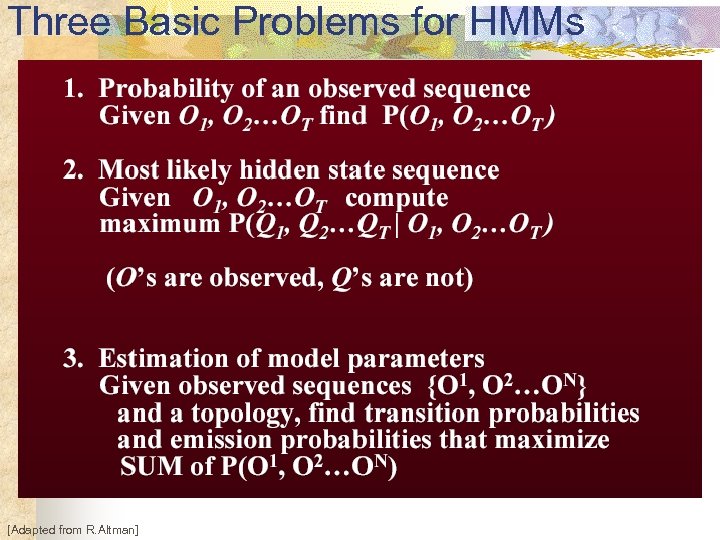 Three Basic Problems for HMMs [Adapted from R. Altman] 