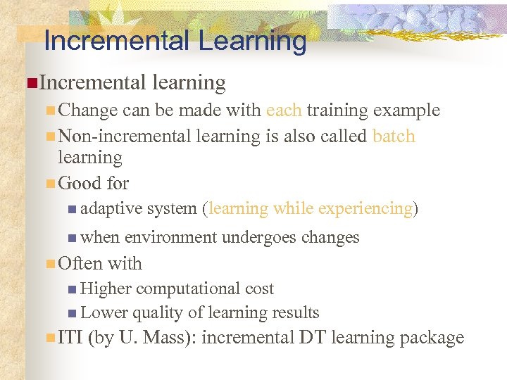 Incremental Learning n. Incremental learning n Change can be made with each training example