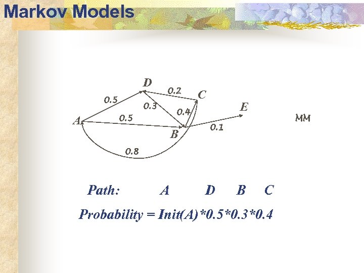 Markov Models D 0. 5 A 0. 2 0. 3 C E 0. 4