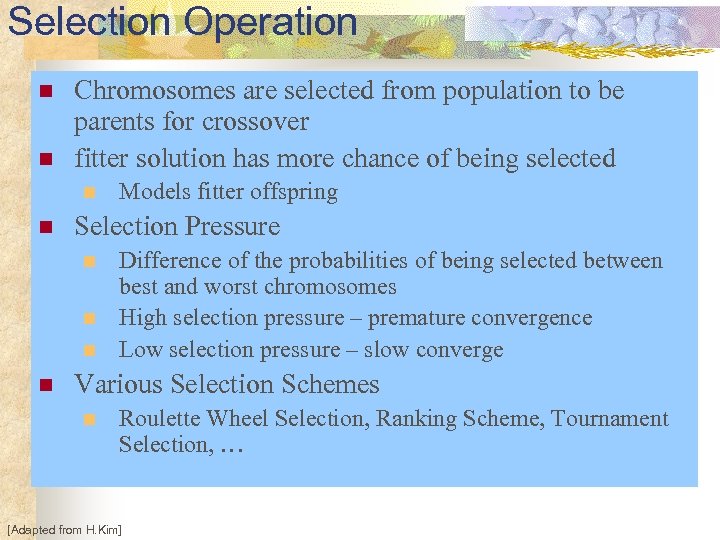 Selection Operation n n Chromosomes are selected from population to be parents for crossover