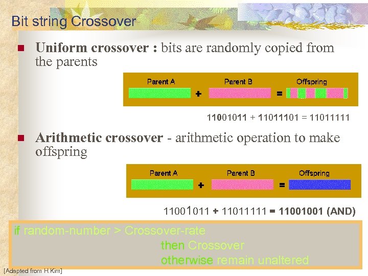 Bit string Crossover n Uniform crossover : bits are randomly copied from the parents