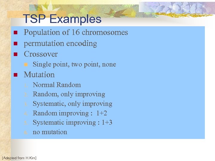 TSP Examples n n n Population of 16 chromosomes permutation encoding Crossover n n