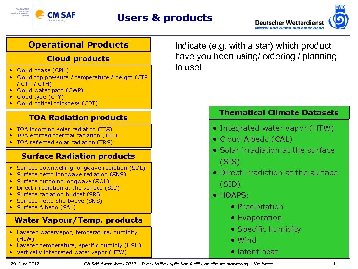 Users & products Operational Products Cloud products • Cloud phase (CPH) • Cloud top