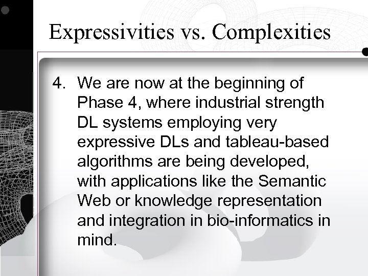 Expressivities vs. Complexities 4. We are now at the beginning of Phase 4, where