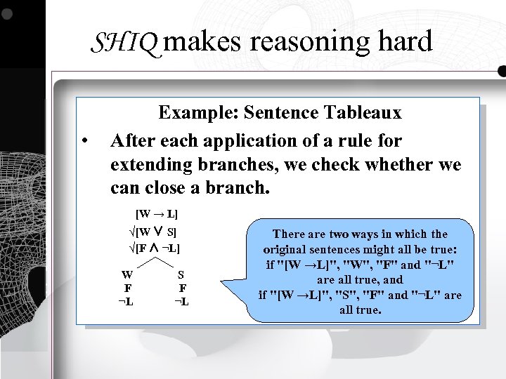 SHIQ makes reasoning hard • Example: Sentence Tableaux After each application of a rule