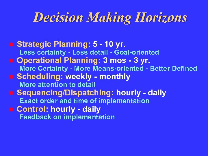 Decision Making Horizons Strategic Planning: 5 - 10 yr. Less certainty - Less detail