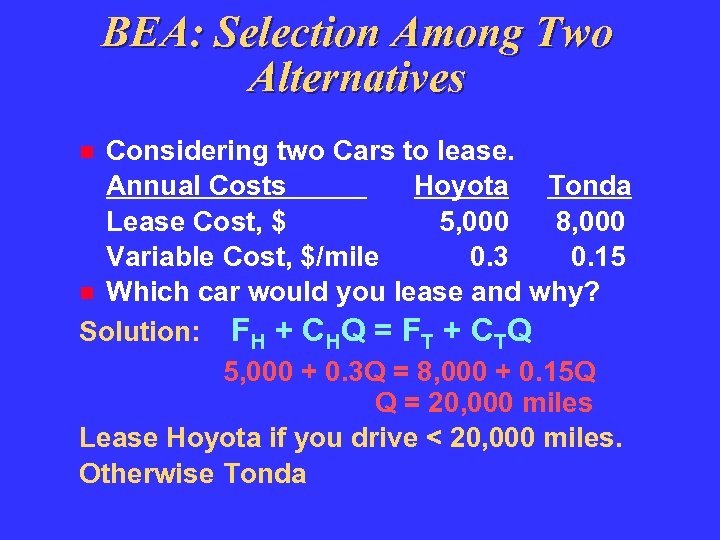 BEA: Selection Among Two Alternatives Considering two Cars to lease. Annual Costs Hoyota Tonda