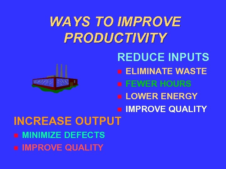 WAYS TO IMPROVE PRODUCTIVITY REDUCE INPUTS INCREASE OUTPUT MINIMIZE DEFECTS IMPROVE QUALITY ELIMINATE WASTE