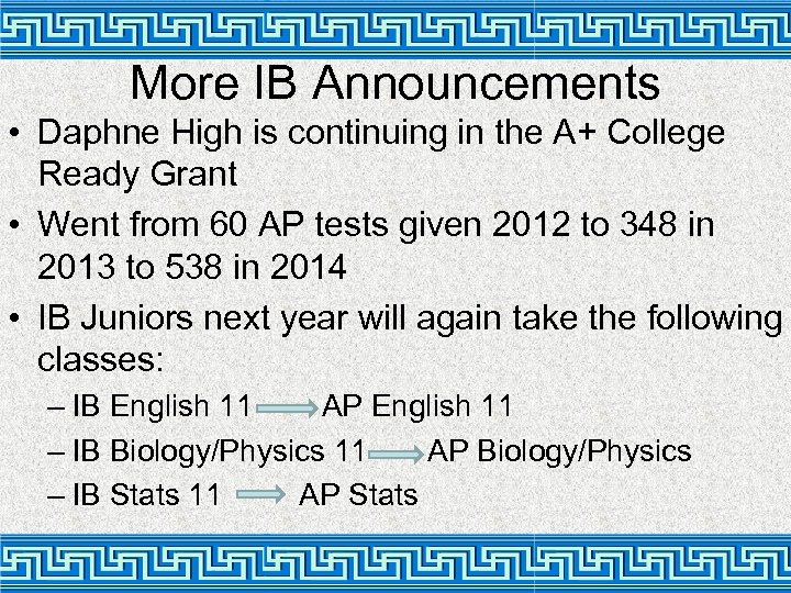 More IB Announcements • Daphne High is continuing in the A+ College Ready Grant