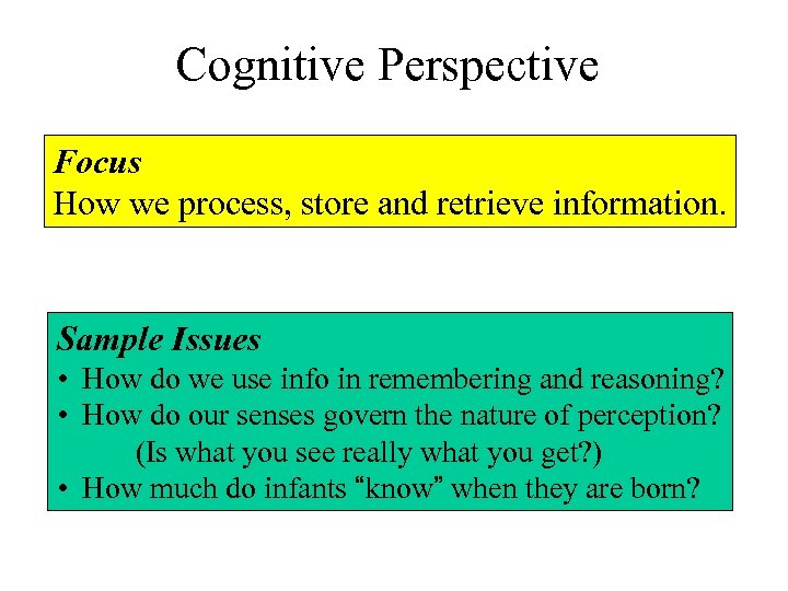 Cognitive Perspective Focus How we process, store and retrieve information. Sample Issues • How