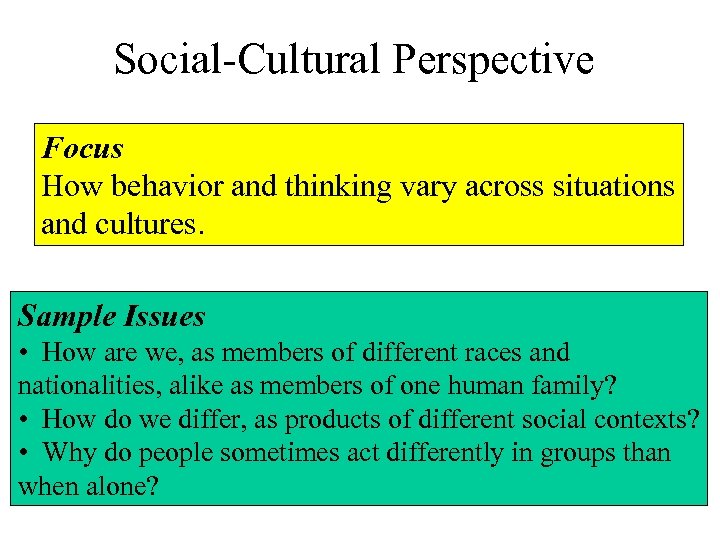 Social-Cultural Perspective Focus How behavior and thinking vary across situations and cultures. Sample Issues
