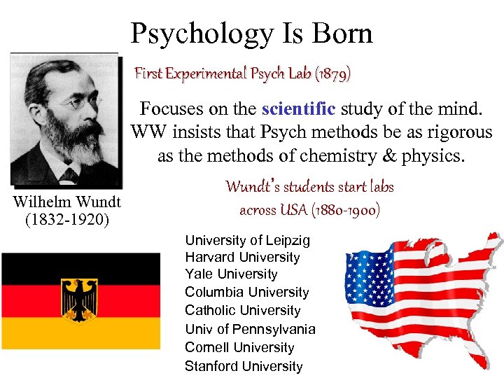 Psychology Is Born First Experimental Psych Lab (1879) Focuses on the scientific study of