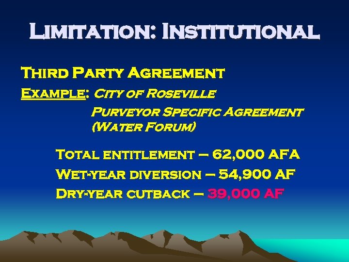 Limitation: Institutional Third Party Agreement Example: City of Roseville Purveyor Specific Agreement (Water Forum)