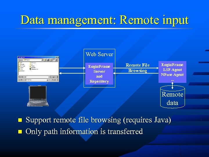 Data management: Remote input Web Server Engin. Frame Server and Repository Remote File Browsing