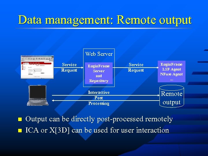 Data management: Remote output Web Server Service Request Engin. Frame Server and Repository Interactive