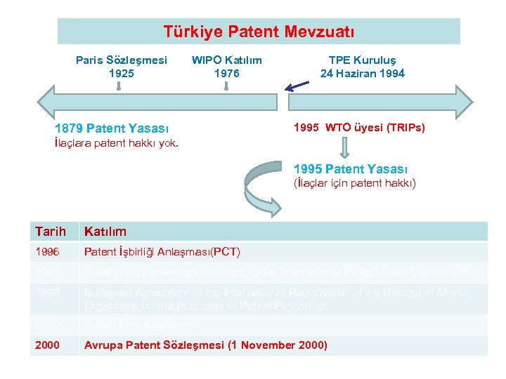 Türkiye Patent Mevzuatı Paris Sözleşmesi 1925 WIPO Katılım 1976 1879 Patent Yasası TPE Kuruluş