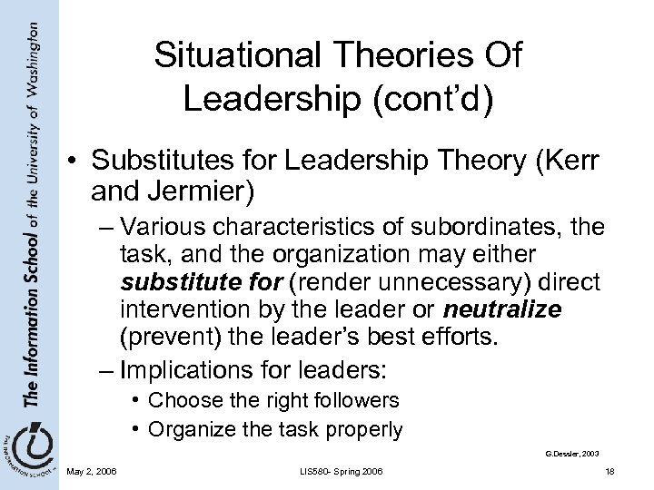 Situational Theories Of Leadership (cont’d) • Substitutes for Leadership Theory (Kerr and Jermier) –