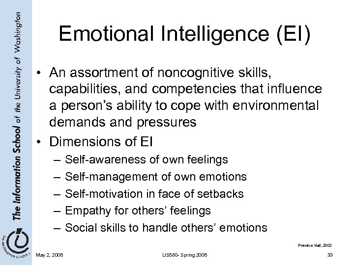 Emotional Intelligence (EI) • An assortment of noncognitive skills, capabilities, and competencies that influence