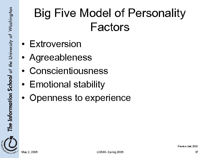 Big Five Model of Personality Factors • • • Extroversion Agreeableness Conscientiousness Emotional stability