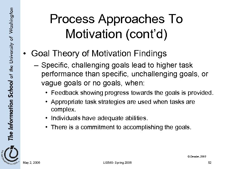 Process Approaches To Motivation (cont’d) • Goal Theory of Motivation Findings – Specific, challenging