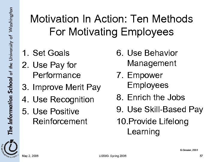Motivation In Action: Ten Methods For Motivating Employees 1. Set Goals 2. Use Pay
