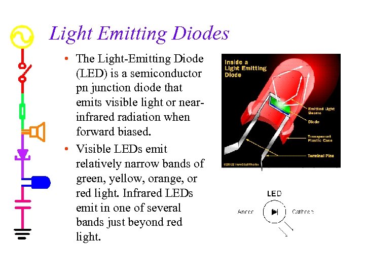 Light Emitting Diodes • The Light-Emitting Diode (LED) is a semiconductor pn junction diode