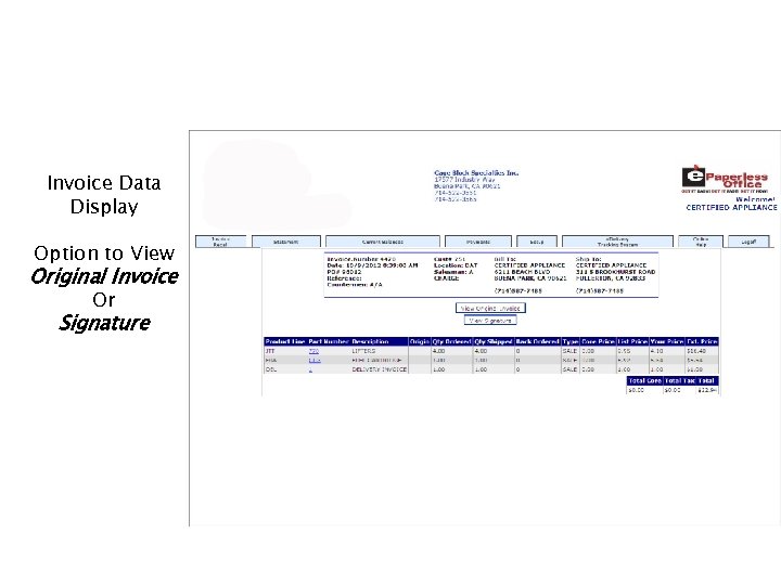 Invoice Data Display Option to View Original Invoice Or Signature 