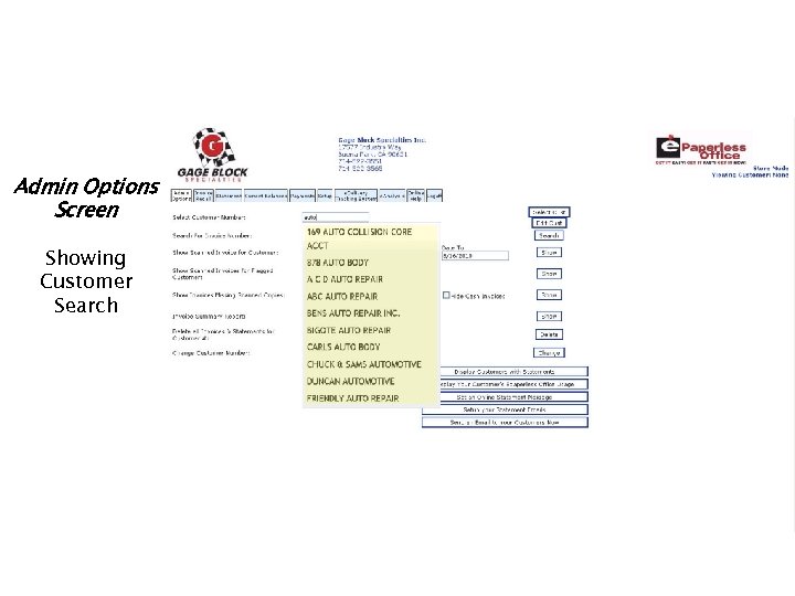Admin Options Screen Showing Customer Search 