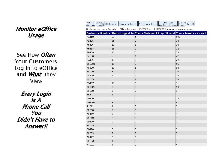 Monitor e. Office Usage See How Often Your Customers Log In to e. Office