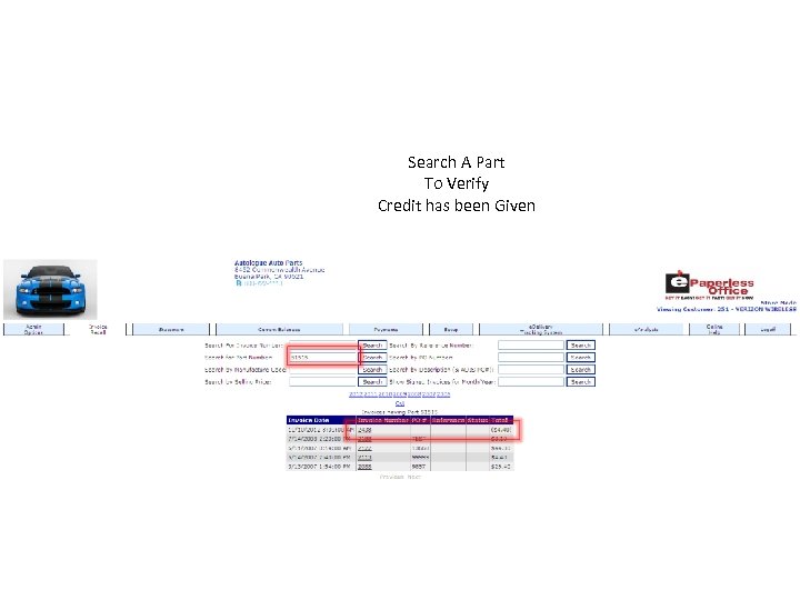 Search A Part To Verify Credit has been Given 