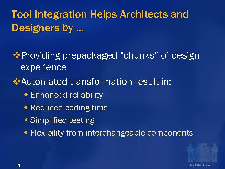 Tool Integration Helps Architects and Designers by … v. Providing prepackaged “chunks” of design