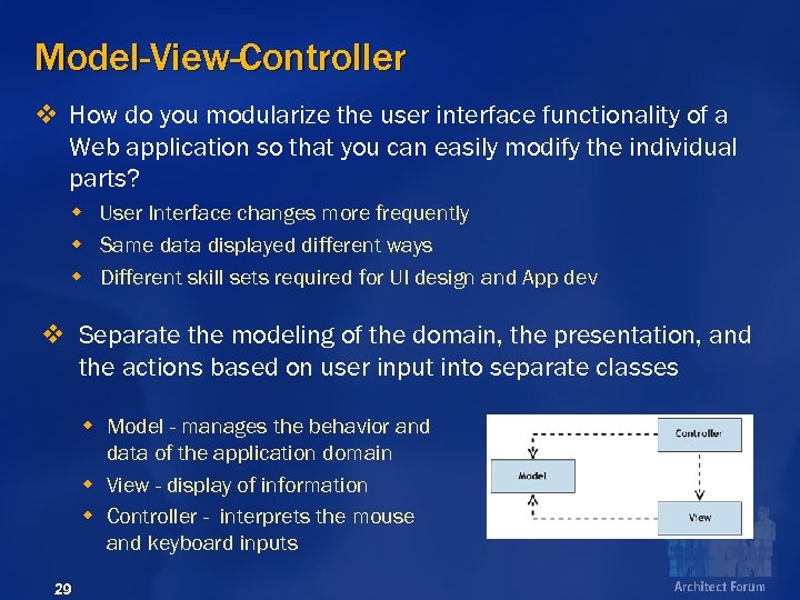 Model-View-Controller v How do you modularize the user interface functionality of a Web application