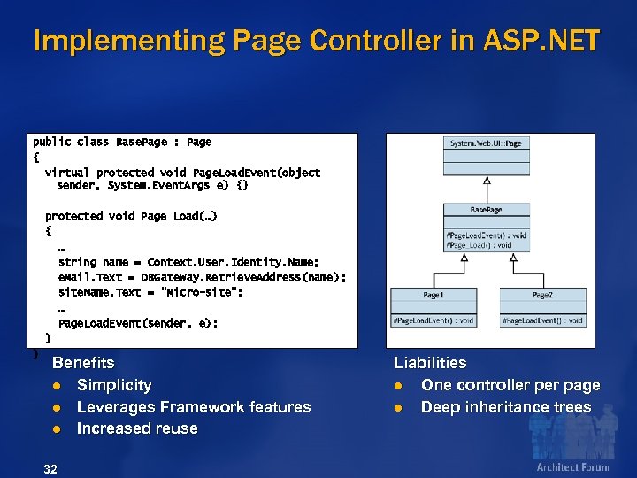 Implementing Page Controller in ASP. NET public class Base. Page : Page { virtual