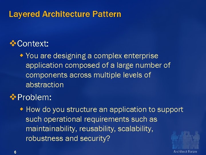 Layered Architecture Pattern v. Context: w You are designing a complex enterprise application composed