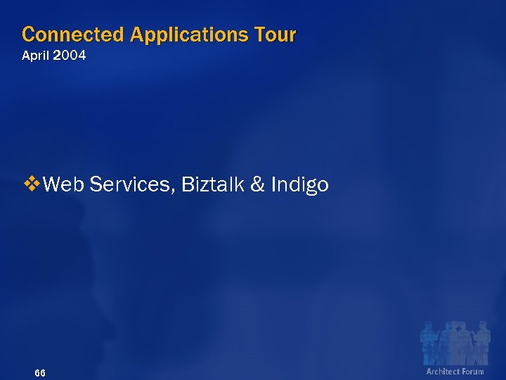 Connected Applications Tour April 2004 v. Web Services, Biztalk & Indigo 66 