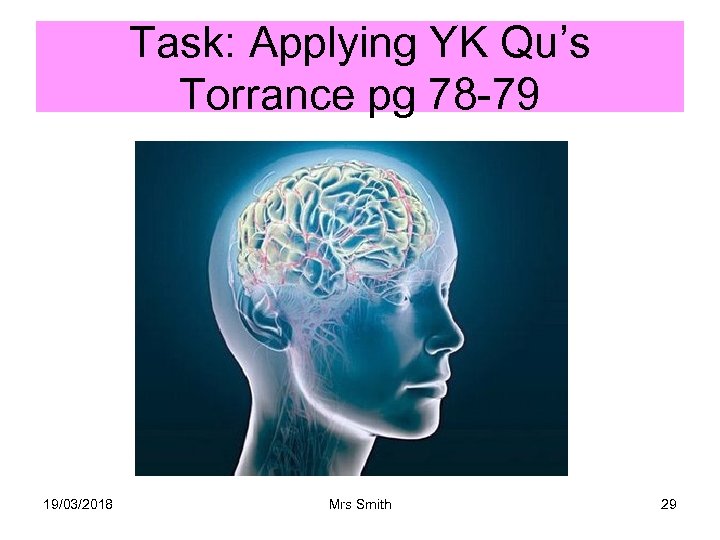 Task: Applying YK Qu’s Torrance pg 78 -79 19/03/2018 Mrs Smith 29 