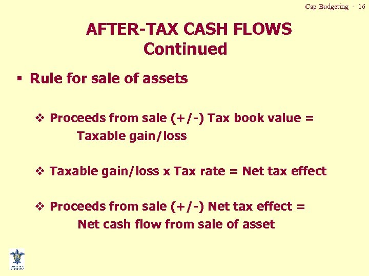 Cap Budgeting - 16 AFTER-TAX CASH FLOWS Continued § Rule for sale of assets