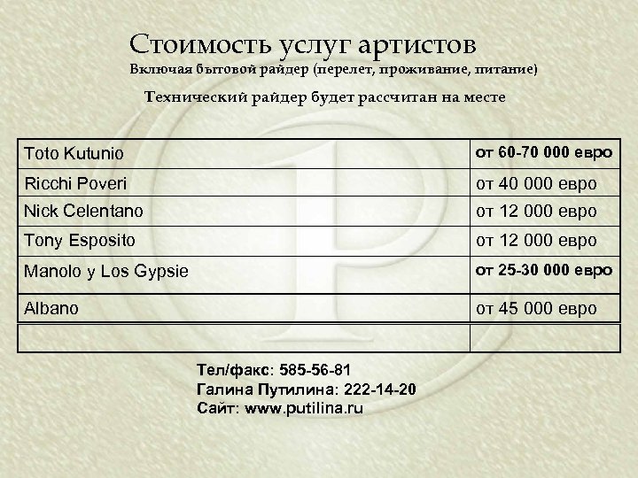 Стоимость услуг артистов Включая бытовой райдер (перелет, проживание, питание) Технический райдер будет рассчитан на