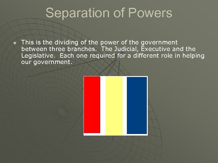 Separation of Powers u This is the dividing of the power of the government