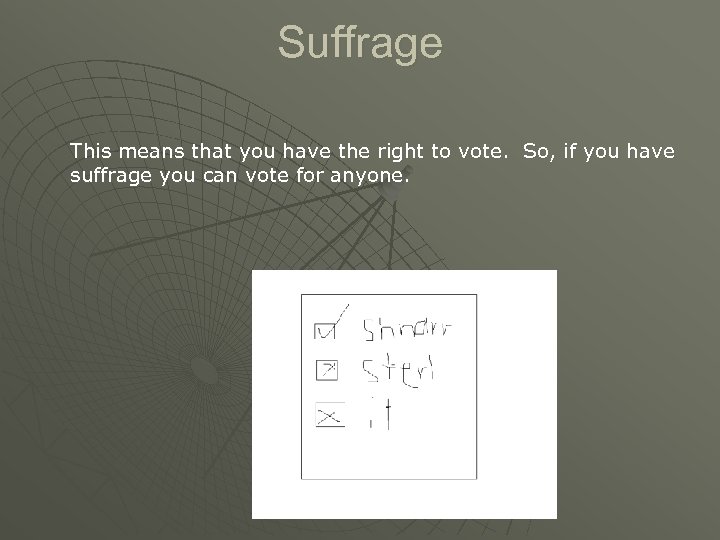 Suffrage This means that you have the right to vote. So, if you have