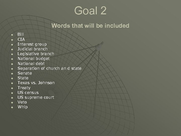 Goal 2 Words that will be included u u u u Bill CIA Interest