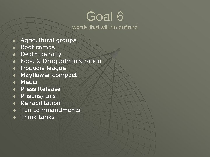 Goal 6 words that will be defined u u u Agricultural groups Boot camps